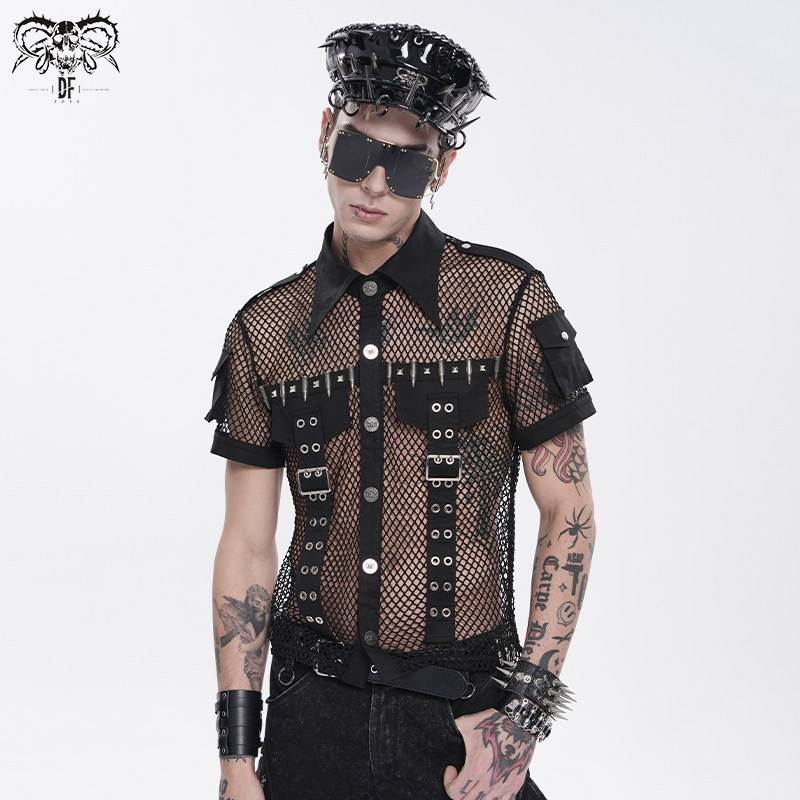 DEVIL FASHION恶魔时尚有风琴袋袖口菱形网朋克衬衫【SHT162】