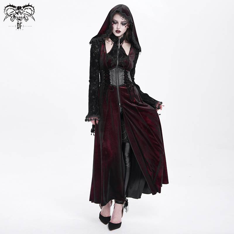 Devil Fashion恶魔时尚女装哥特亮光红色丝绒挂脖连帽外套CT26002