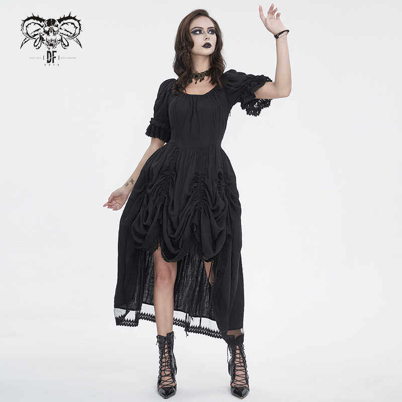 Devil fashion 复古原创设计哥特前摆可抽褶束腰连衣裙【SKT194】