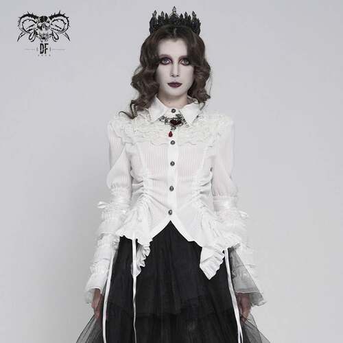 Devil Fashion恶魔时尚哥特暗黑女装层叠喇叭袖衬衫翻领T恤SHT159