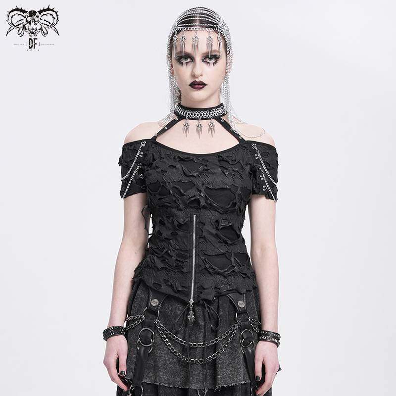 Devil Fashion恶魔时尚女装哥特破烂针织挂脖露肩朋克T恤TT291