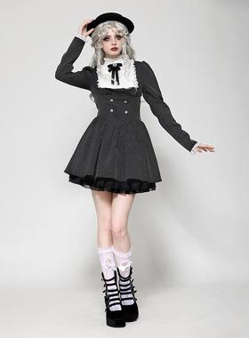 Dark in Love个性欧美哥特条纹荷叶边高材生学院风连衣裙DW1031