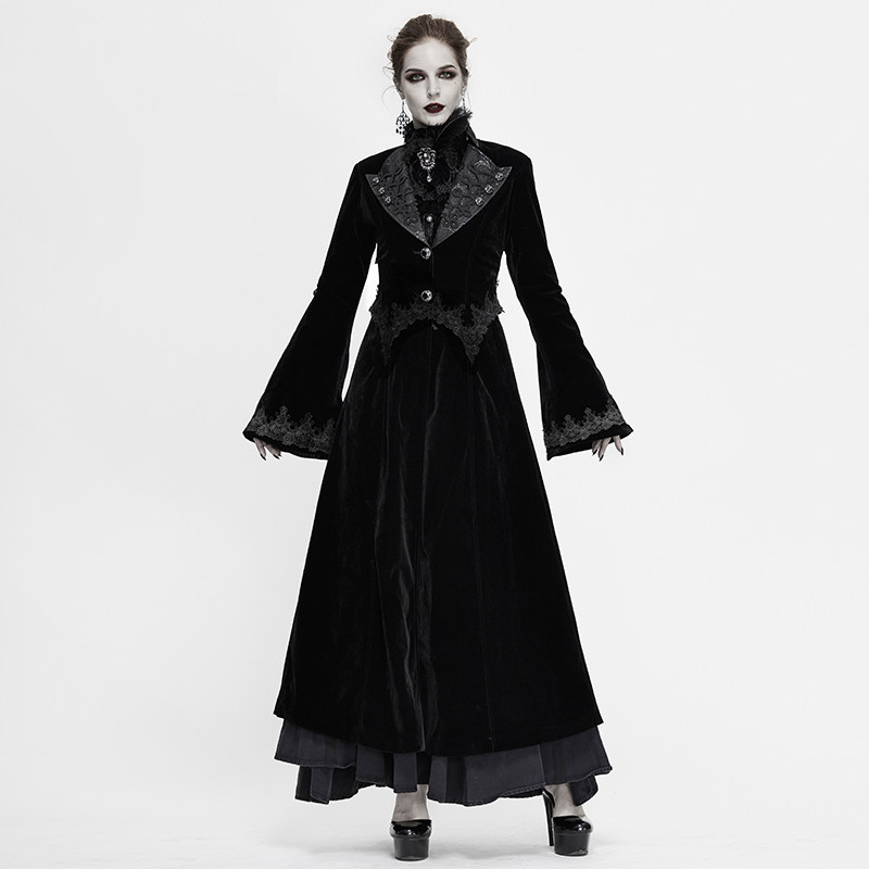 哥特风女装大衣长款立领外套修身刺绣拼接风衣舞台表演中国风服饰