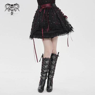 Devil Fashion恶魔时尚哥特暗黑女装黑红亮片网纱半身裙SKT25901