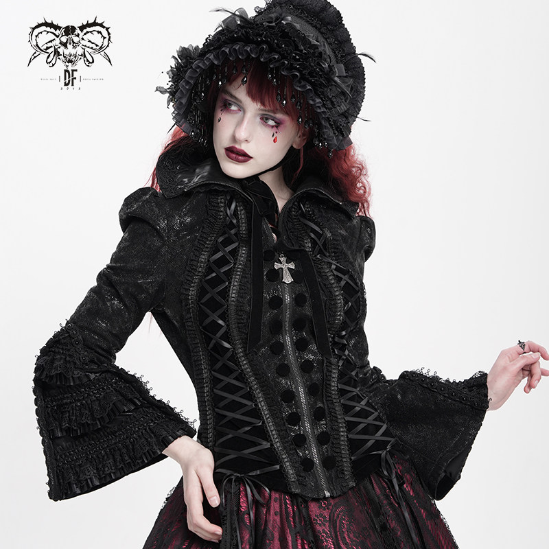 DevilFashion哥特风黑色绑带高领暗纹外套CT266