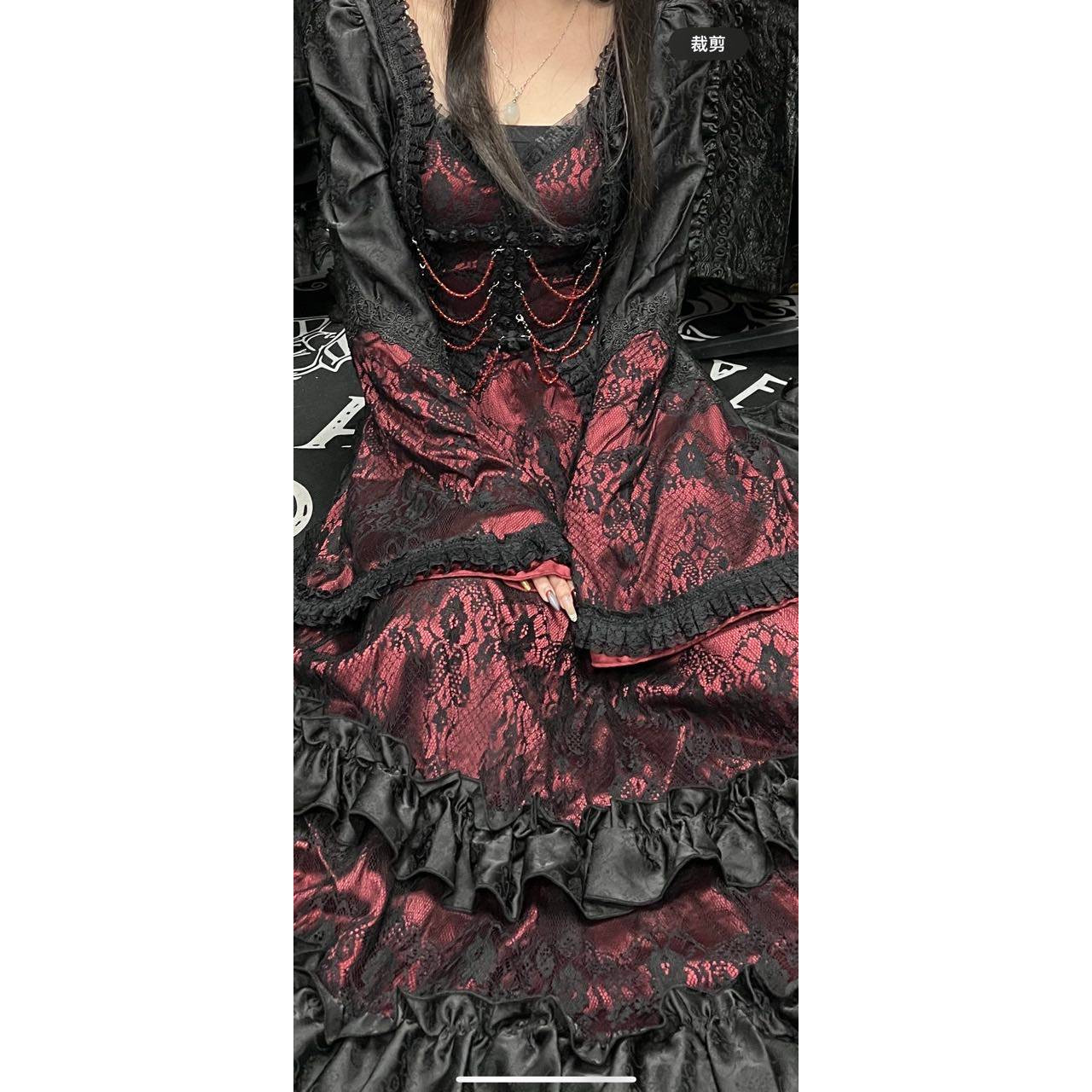 哥特风蕾丝连衣裙女束腰流苏红黑拼色长裙暗黑风华丽宫廷
