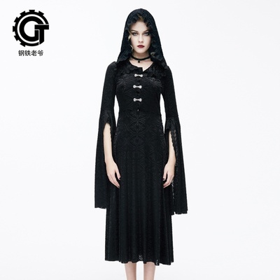 长裙复古哥特喇叭袖连帽连衣裙