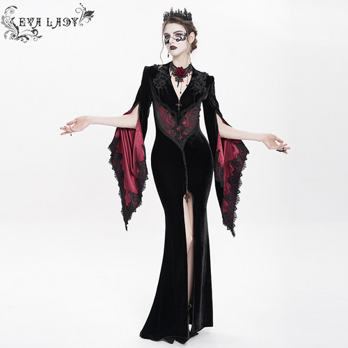 Devil Fashion恶魔时尚女装哥特重工刺绣V领开叉连衣裙 ECT02202