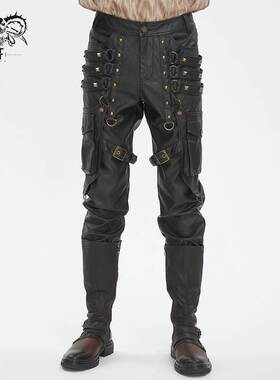 Devil Fashion恶魔时尚男装哥特朋克暗黑铆钉装饰皮料裤子PT24402