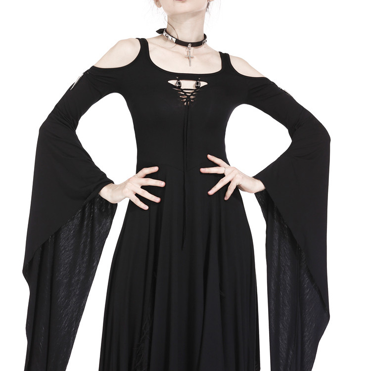 哥特女装不规则下摆钩绳设计针织长款连衣裙