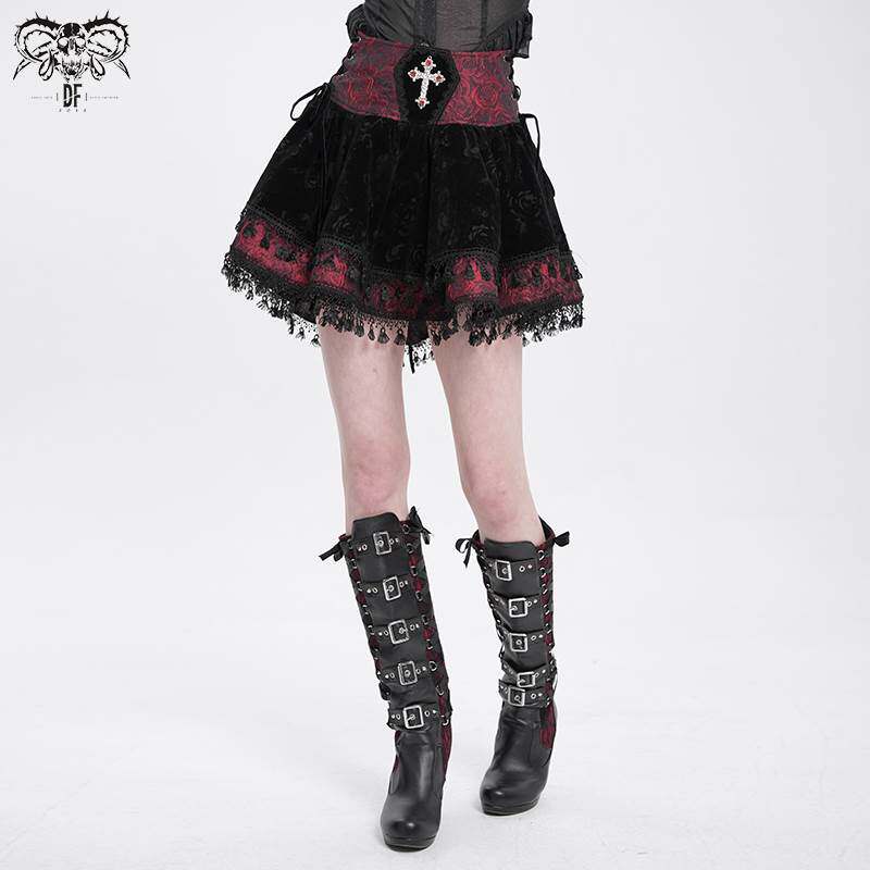 Devil Fashion恶魔时尚女装哥特红色玫瑰花提花半裙SKT23002