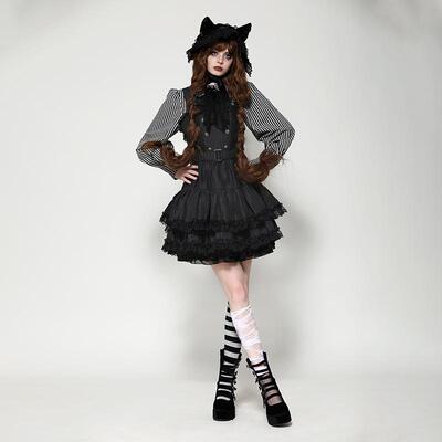 Dark in Love个性原创欧美哥特暗黑条纹双排扣娃娃裙DW1026