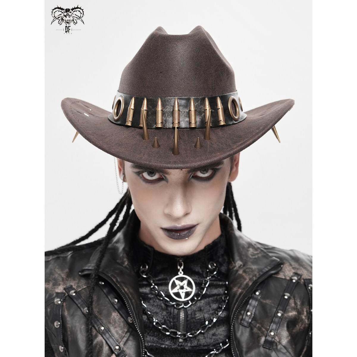 Devil fashion恶魔时尚 帽檐尖钉朋克咖色牛仔帽哥特头饰AS266A