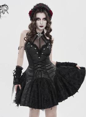Devil Fashion恶魔时尚哥特暗黑女装挂颈蕾丝绑带小黑裙SKT25401