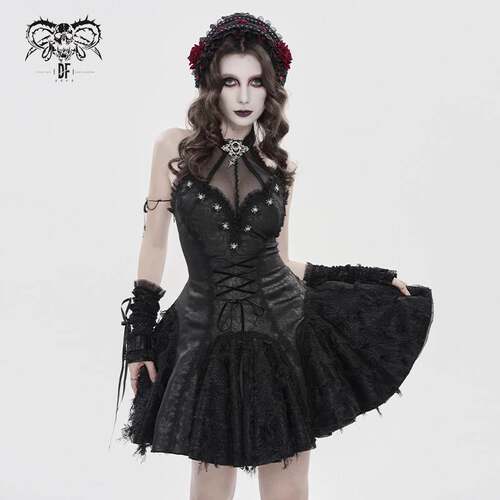 Devil Fashion恶魔时尚哥特暗黑女装挂颈蕾丝绑带小黑裙SKT25401