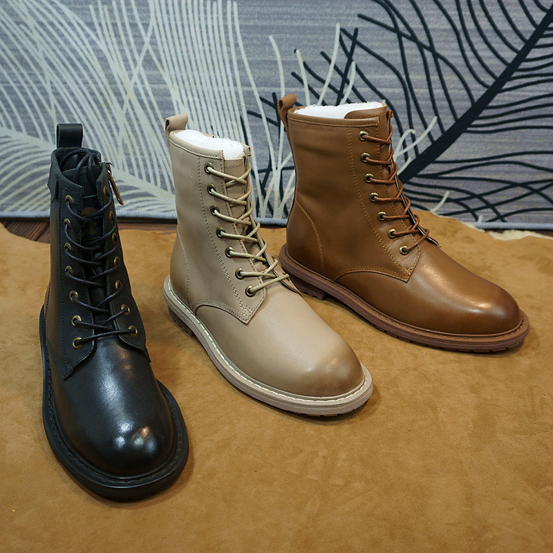 马丁靴秋冬新款真皮牛皮羊毛系带女士靴 中筒靴方跟雪地靴27-7D