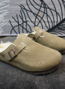 秋冬真皮牛皮羊毛拖鞋 包头拖 勃肯女拖鞋平跟保暖25-16A