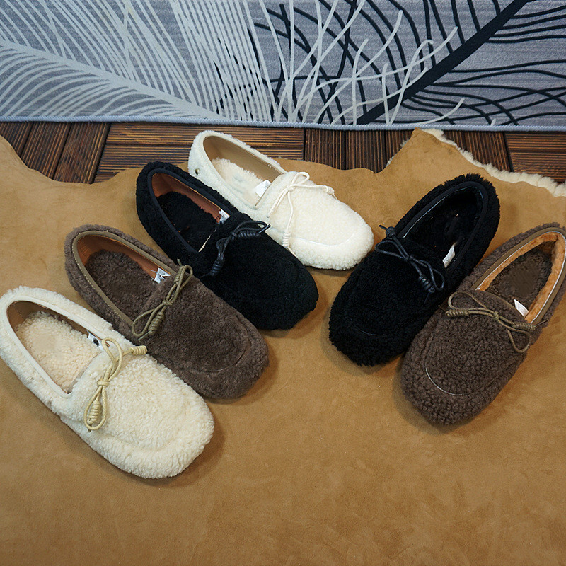 新款真皮羊毛豆豆鞋 秋冬款套脚平跟女乐福鞋 橡胶底8-7A