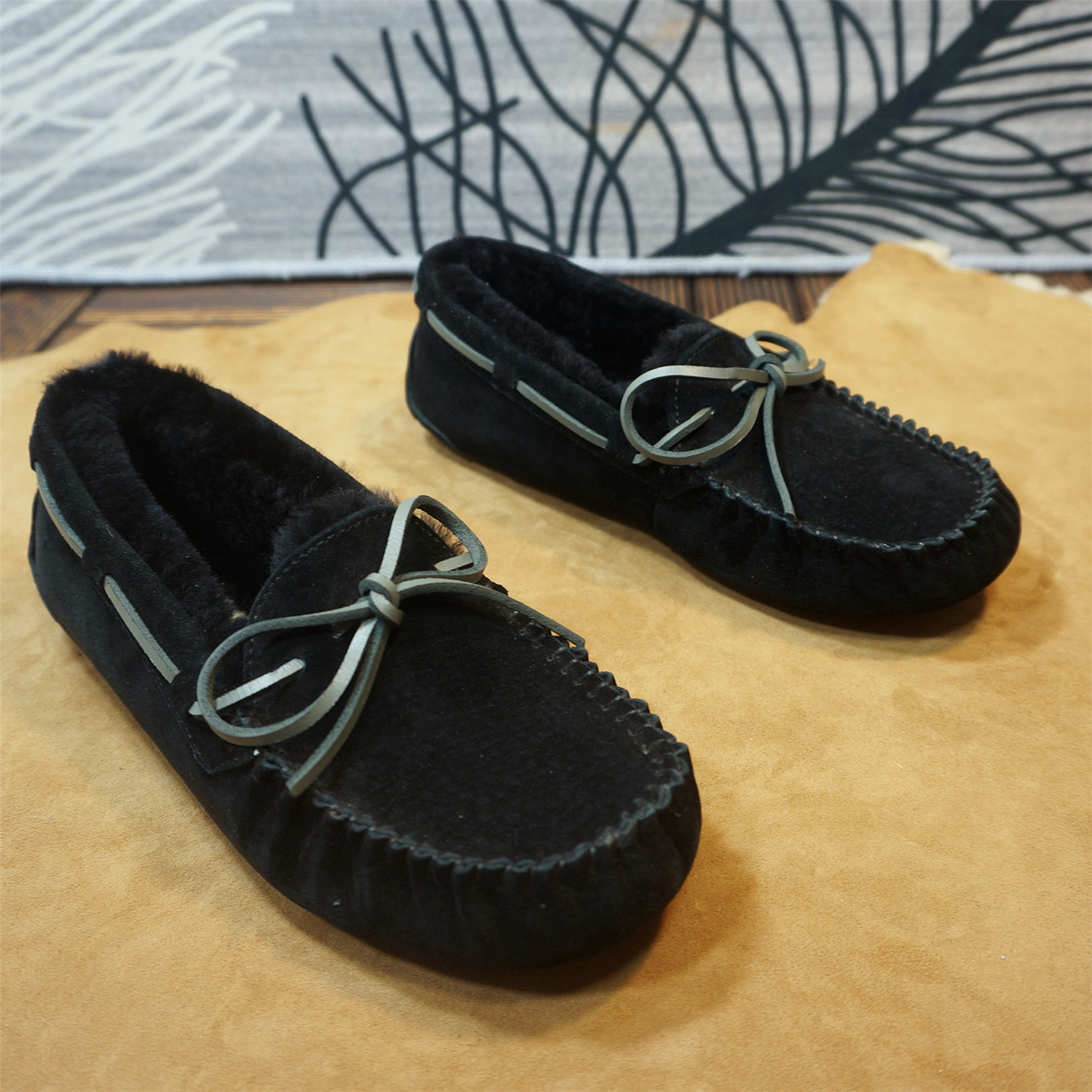 秋冬新款真皮牛皮羊毛女士豆豆鞋 套脚系绳懒人鞋包子保暖鞋4-34