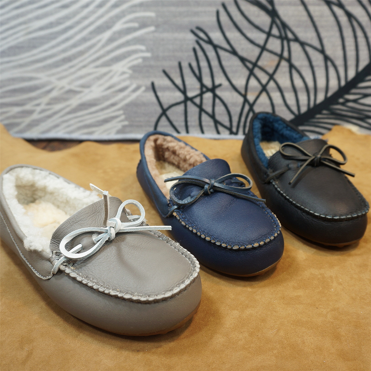 新款羊皮毛一体女士豆豆鞋 套脚蝴蝶结懒人鞋平跟保暖乐福鞋9-11B