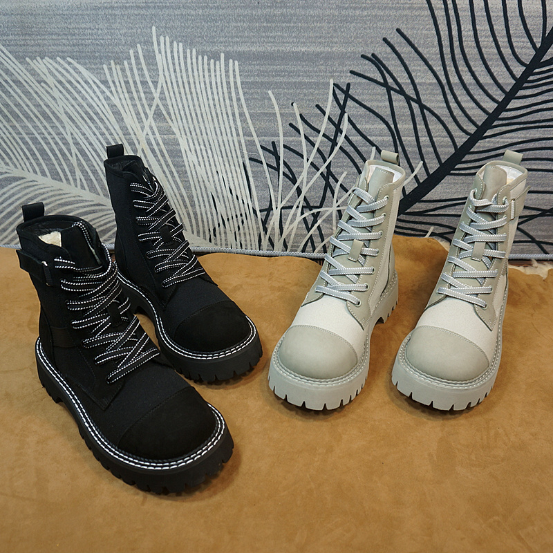 马丁靴 冬季新款帆布+皮羊毛女士靴 系带方跟冬季保暖雪地靴36-3A
