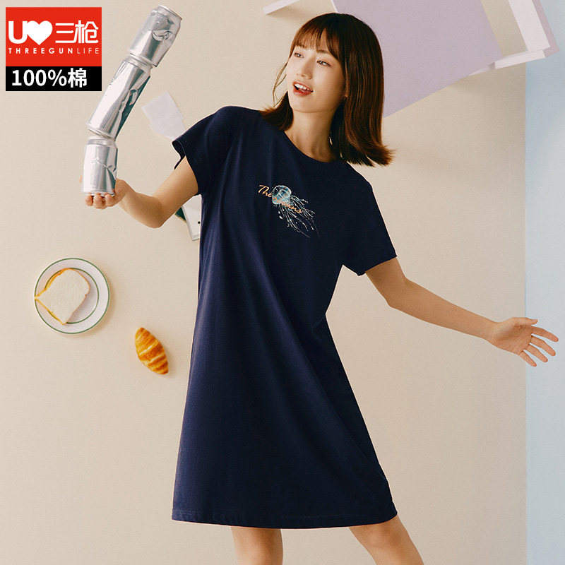 三枪睡裙女纯棉春夏水柔棉轻薄透气休闲甜美爽滑全棉女士家居裙