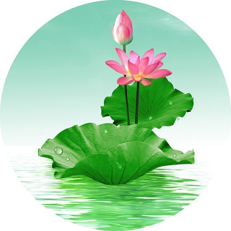 圆形荷花图流水生财蓝天白云净秽软装墙贴