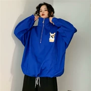 Mùa thu 2019 phiên bản Hàn Quốc của kích thước lớn của phụ nữ béo dài tay áo đứng cổ áo vui nhộn in áo len BF phiên bản lớn của dụng cụ - Áo len