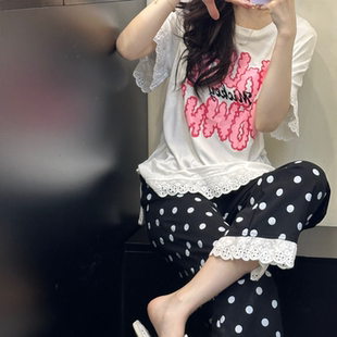 睡衣套装 长裤 李夫人粉丝专享 251458 复古波点蕾丝边家居服长袖