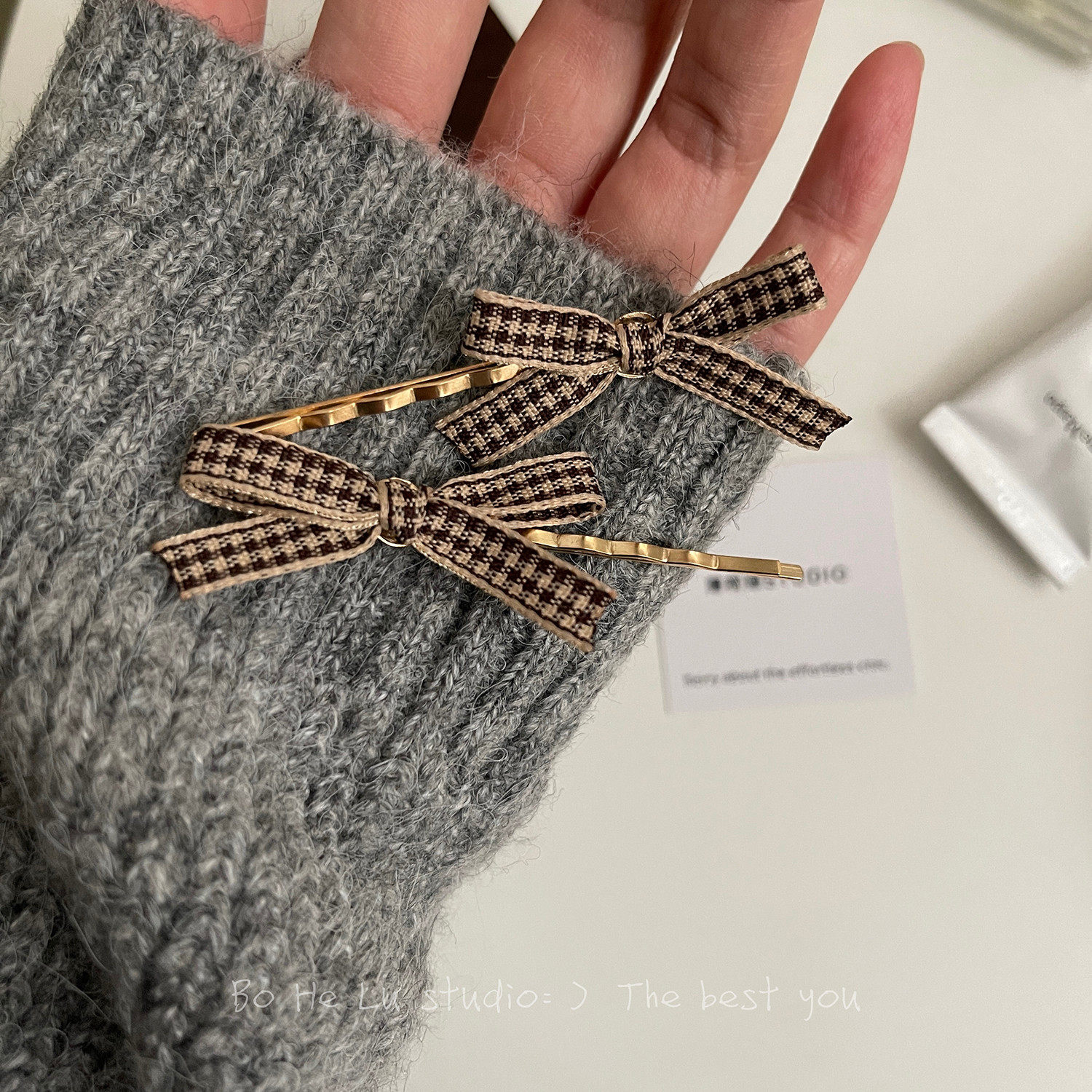 原创设计咖色格子蝴蝶结发夹对夹一字夹小众设计感发夹刘海夹