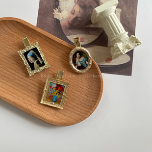 原创设计复古油画发夹文艺画框画中贵妇设计感边夹刘海夹一字夹女