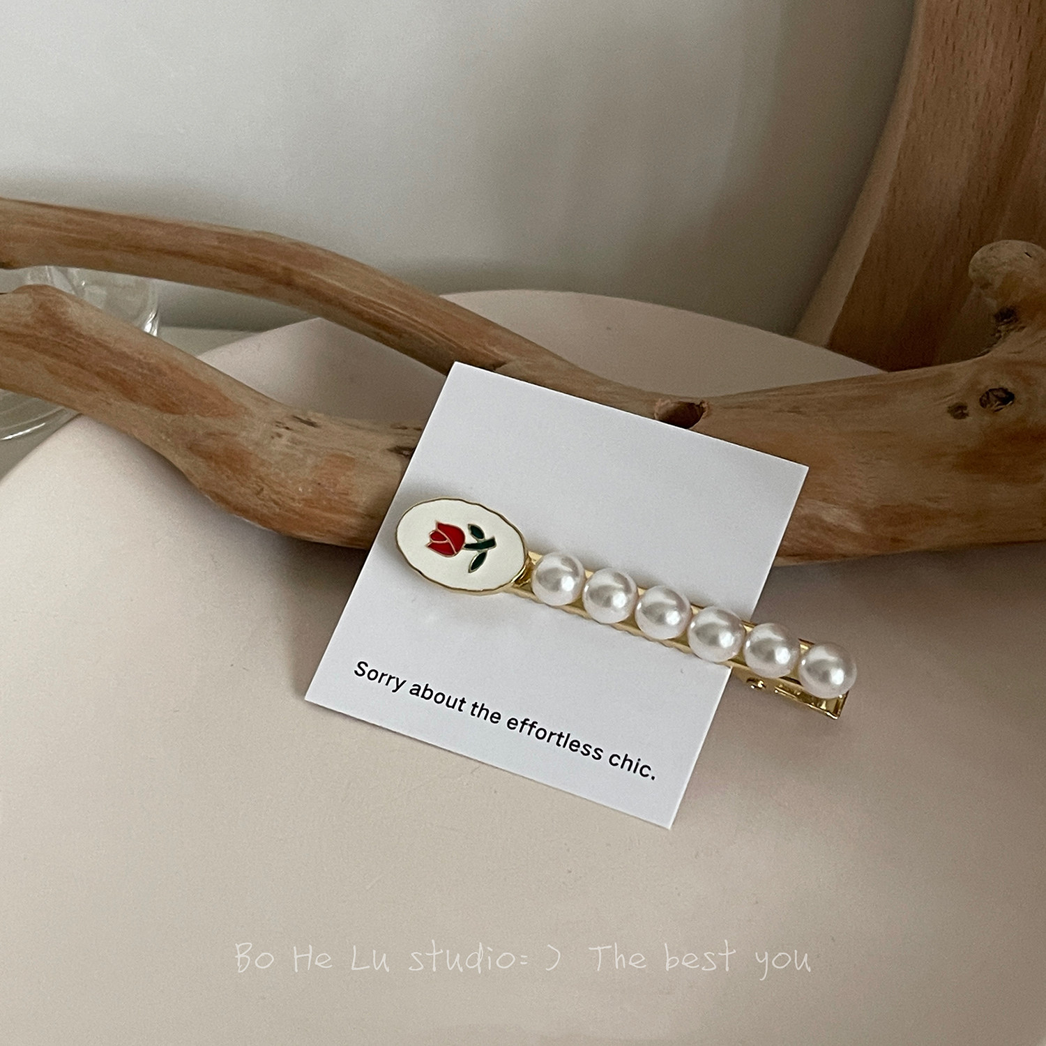 原创设计红色郁金香珍珠发夹边夹刘海夹侧边夹小众设计感头饰女