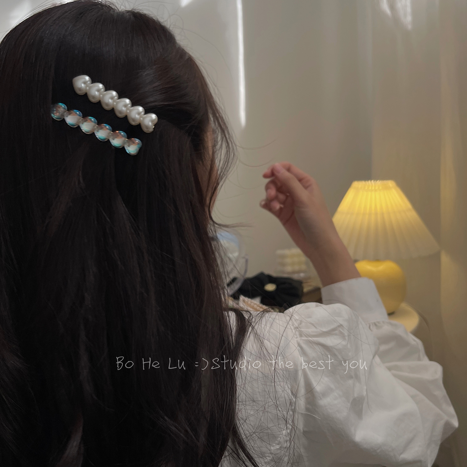 原创设计玻璃珍珠爱心发夹边夹