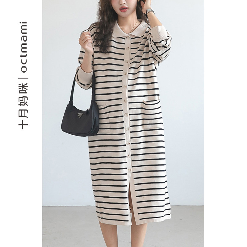 十月妈咪孕妇毛衣裙秋冬外穿连衣裙怀孕条纹针织开衫小香风秋冬装