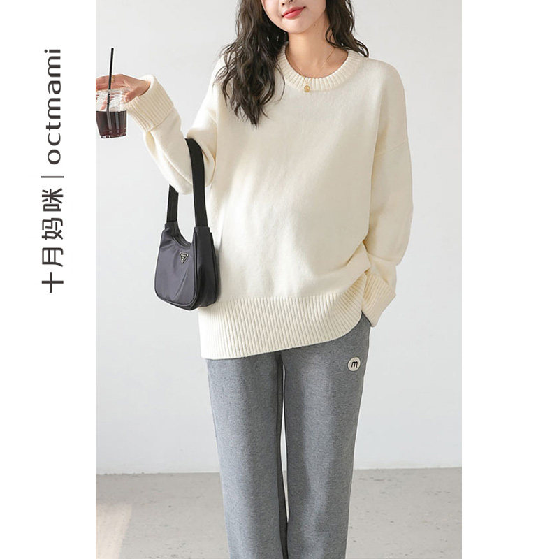 十月妈咪孕妇圆领毛衣2023新款秋冬季内搭不显怀遮肚打底衣秋冬装