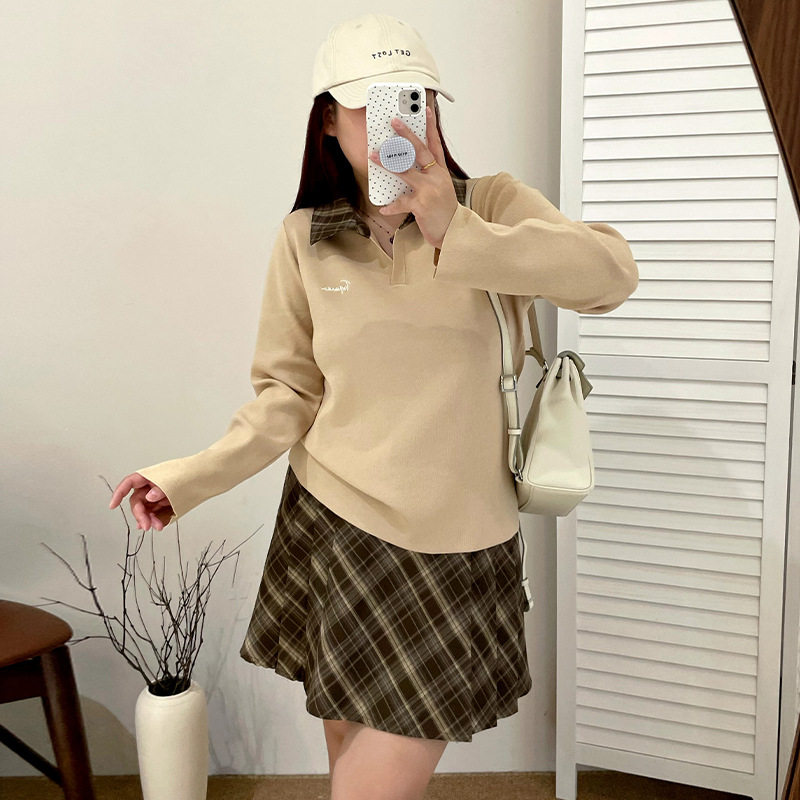 大码女装撞色格子polo领上衣2025秋款胖mm休闲学院风针织衫23305