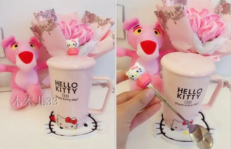 陶瓷大容量卡通风带勺礼盒装杯子