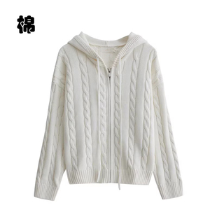 拉链外套 线衣短款 纯棉连帽毛衣开衫 女麻花100%全棉重工加厚针织衫