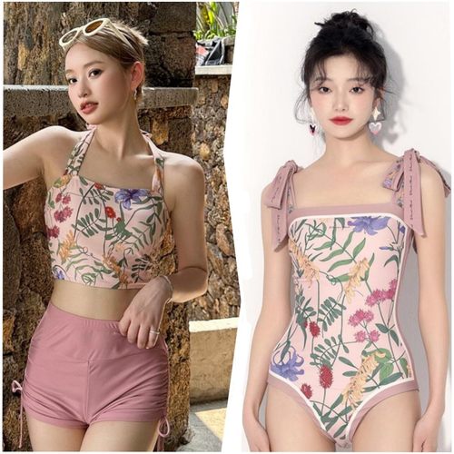 原版夏炎炎少女泳衣女网红印花两面穿遮肚显瘦连体泡温泉度假泳装