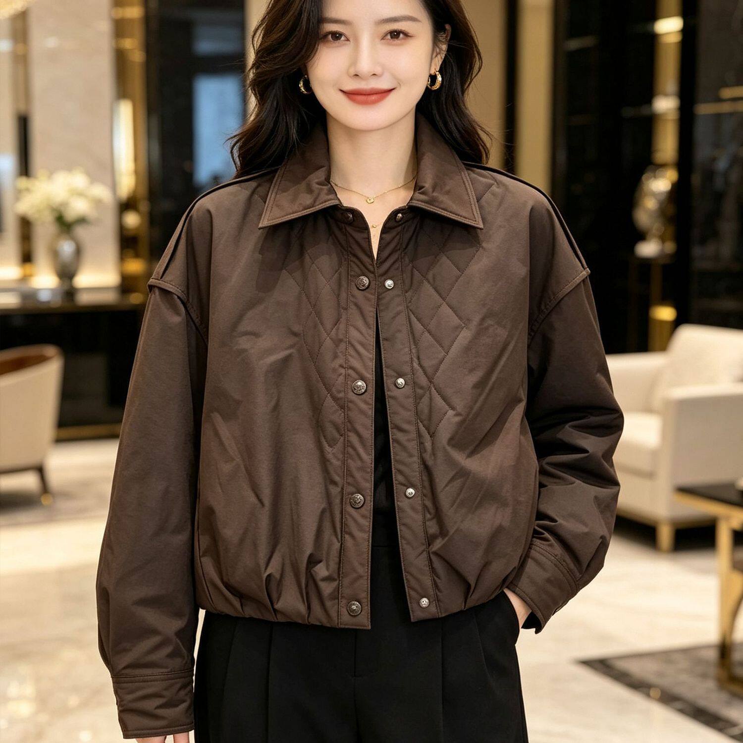 秋冬美拉德短款菱格显瘦女夹克