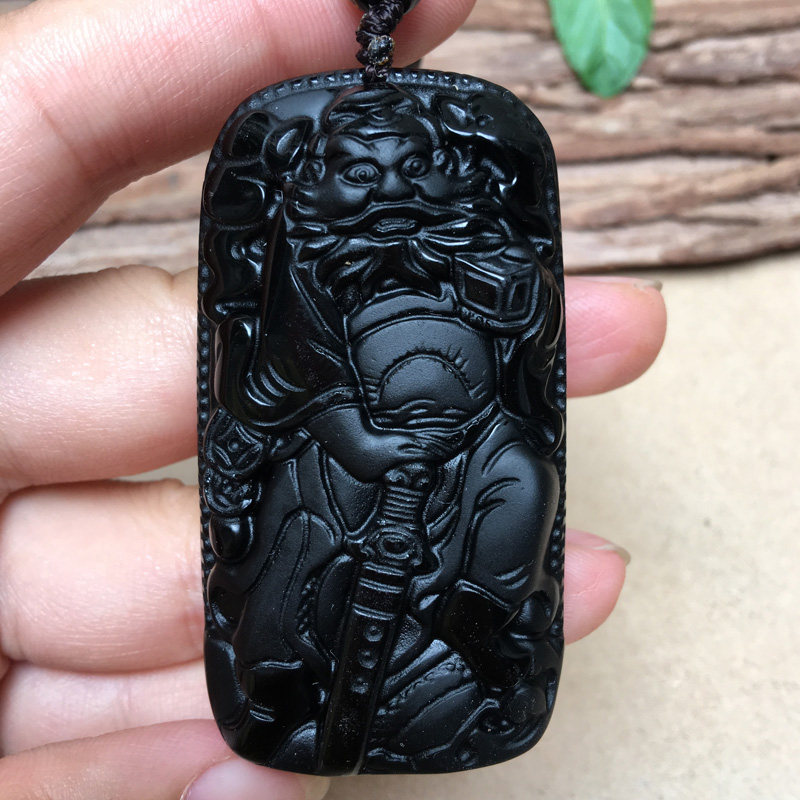 天然玉石黑曜石钟馗吊坠男女款武财神项链站钟馗二爷大款挂件情侣