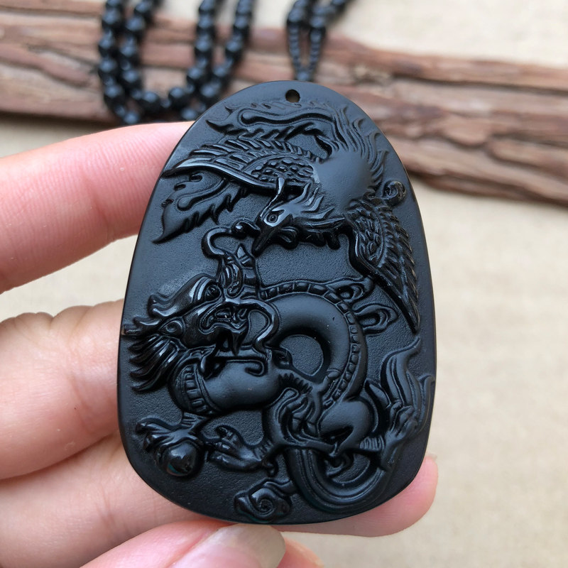 玉佩天然黑曜石挂件情侣龙凤牌