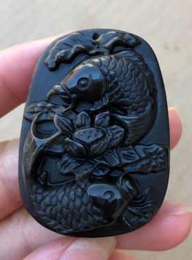 连年有余锦鲤挂件黑曜石双鱼团座男女龙鲤双鱼莲花吊坠补水证书