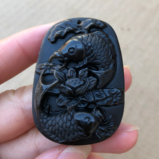 连年有余锦鲤挂件黑曜石双鱼团座男女龙鲤双鱼莲花吊坠补水证书