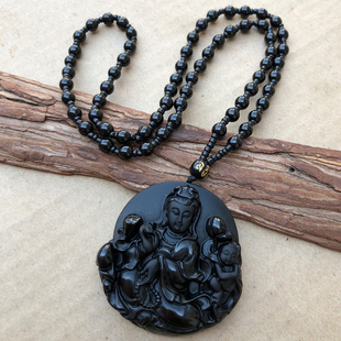 黑曜石送子观音吊坠佛像项链男女运子嗣菩萨挂件玉佩