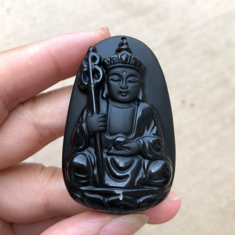 天然黑曜石地藏王防惊吓护身符