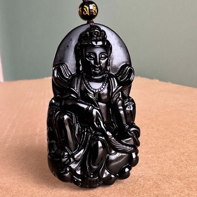 真品黑曜石拂尘观音吊坠