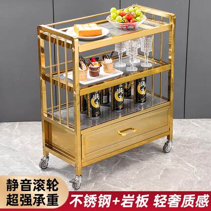 轻奢不锈钢三层岩板带抽屉火锅菜架酒店餐桌餐具车置物架餐厅餐车
