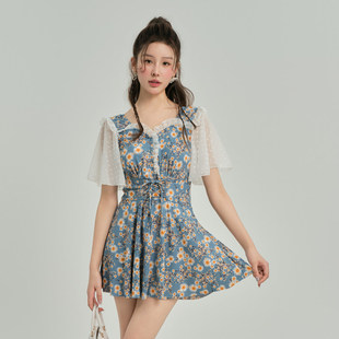 碎花连体裙游泳衣遮肚遮肉显瘦保守泳装 批发大码 泳衣女胖mm短袖