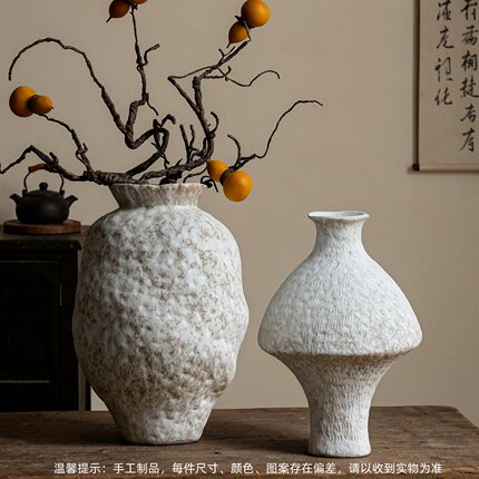 景德镇手工粗陶白色肌理花瓶 侘寂风禅意干花民宿客厅装饰摆件